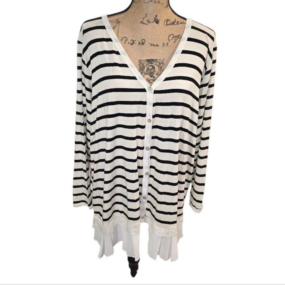 Kim & Cami Black and White Striped Button-Up Top Tunic Plus Size 2X New